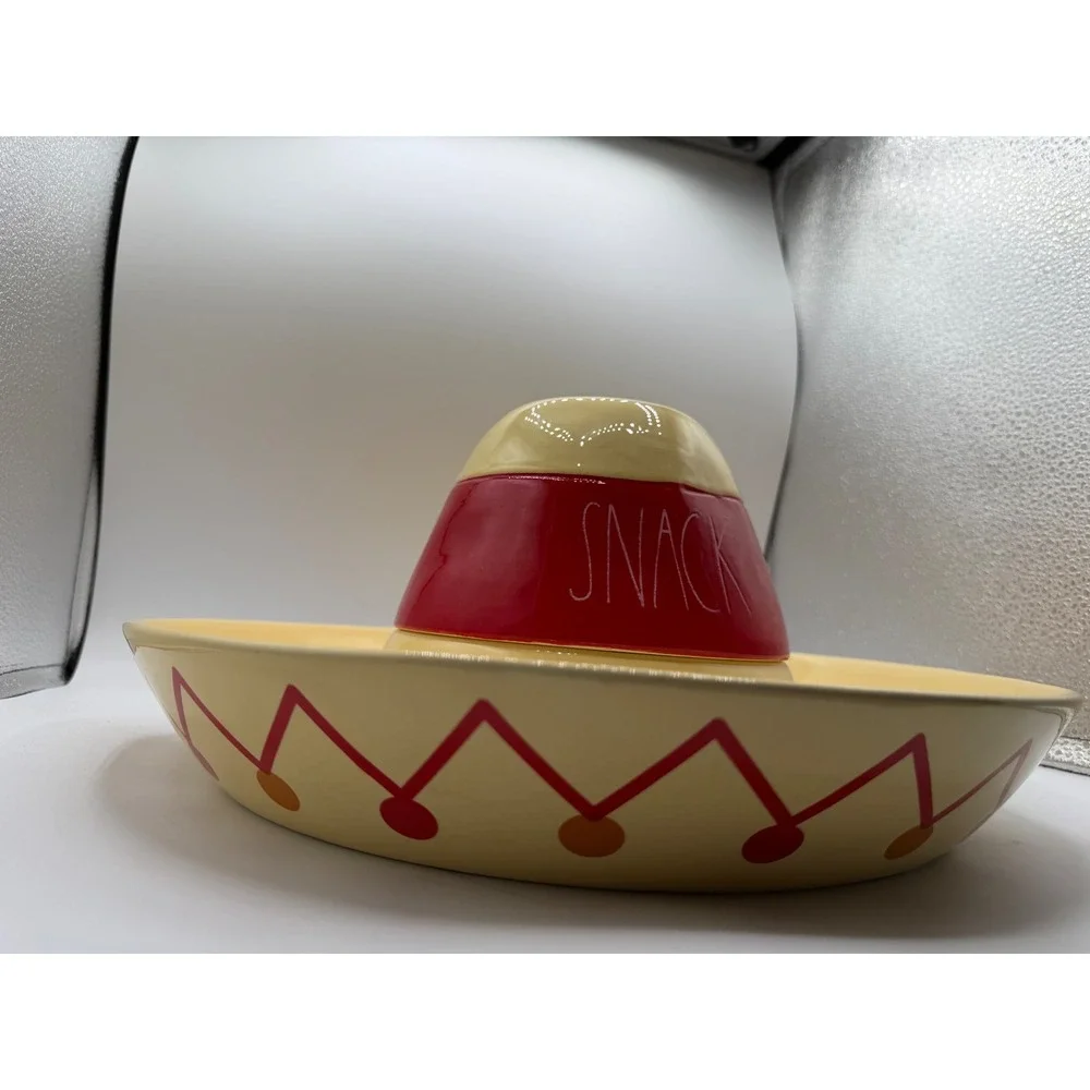 Rae Dunn Sombrero Chips and Dip Server Yellow Red Ceramic Snack‎ Set 2 Piece